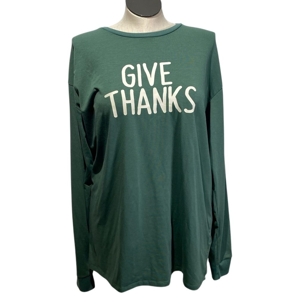 LulaRoe "Give Thanks" 2x long sleeve green white graphic shirt